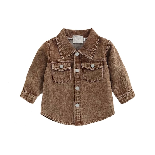 Veste ROMP Denim - Marron | Sexe neutre unisexe bébé fille bébé garçon enfant en bas âge bébé vêtements bébé coton Denim veste en détresse vêtements d'extérieur