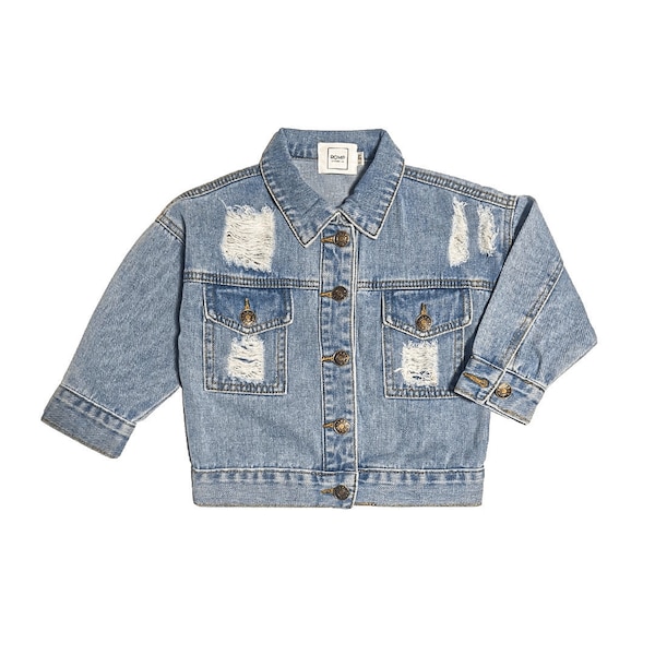 Veste en jean déchirée ROMP | Sexe neutre unisexe bébé fille bébé garçon enfant en bas âge bébé vêtements bébé coton Denim en détresse trous veste vêtements d'extérieur