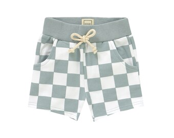 Karierte Baby Shorts: Stahlgraue Bio Baumwolle, Gender Neutral
