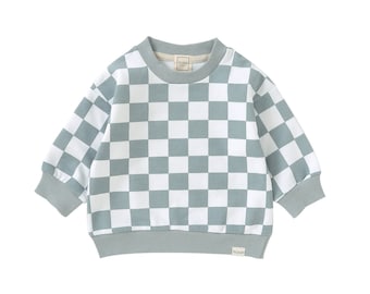 ROMP Checkered Pullover - Steel | Organic Cotton Gender Neutral Unisex Baby Girl Boy Toddler Jogger Sweatshirt Pullover Sweater