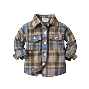 May include: A blue, brown, and grey plaid shirt with a button-down front. The shirt features two chest pockets and a collar. The long sleeves are cuffed. The fabric is soft and woven.