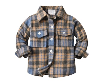 ROMP Flannel - Blue/Brown | Gender Neutral Unisex Baby Boy Girl Toddler Kids Clothes Cotton Plaid Flannel Long Sleeve Shirt Fall Shacket