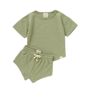 ROMP Waffle Shorts Set - Aloe | Baby Toddler Summer Tshirt Shorts Set Waffle Organic Cotton Cute Baby Boy Girl Baby Clothes Baby Shower Gift
