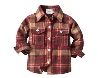 ROMP Flannel - Red/Brown | Gender Neutral Unisex Baby Boy Girl Toddler Kids Clothes Cotton Plaid Flannel Long Sleeve Shirt Fall Shacket