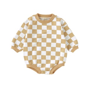 ROMP Checkered Sweater Romper - Khaki | Gender Neutral Unisex Baby Girl Boy Toddler Baby Clothes Baby Bubble Romper Soft Organic Cotton