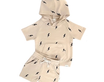 Ensemble short à capuche ROMP - Lightning Bolts | Bébé enfant en bas âge enfants été à capuche t-shirt Shorts à la mode mignon genre neutre fille garçon 2 pièces tenue