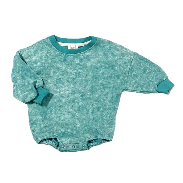 ROMP Batik Wash Sweater Romper - Teal | Gender Neutral Unisex Baby Girl Boy Toddler Acid Wash Stone Wash Tie Dye Sweater Sweatshirt Crew
