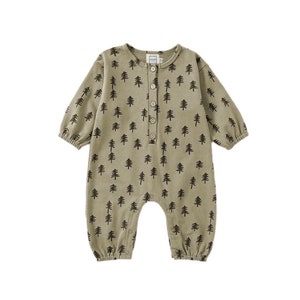 ROMP Button Jumpsuit - Trees | Kids Holiday  Romper Gender Neutral Long Sleeve Festive Christmas Pajamas Footless Jumper For Baby & Toddler