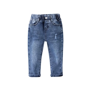 ROMP Distressed Denim Jeans - Classic Wash | Unisex Baby Toddler Boy Girl Soft Stretchy Elastic Waist Blue Jean Pocket Pants Denim Trousers