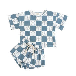 ROMP Checkered Waffle Shorts Set - Slate | Baby Toddler Kids Summer Tshirt Shorts Set Waffle 2 Piece Cute Baby Boy Clothes Tshirt Shorts
