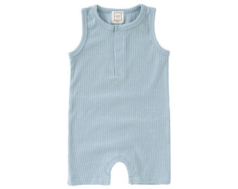 ROMP Tank Shortie - Sky | Gender Neutral Unisex Baby Girl Baby Boy Toddler Baby Clothes Baby Shower Gift Ribbed Organic Cotton Baby Romper