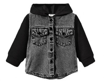 ROMP Hooded Denim Shacket - Black | Gender Neutral Unisex Baby Boy Girl Toddler Kids Clothes Cotton Denim Distressed Long Sleeve Jacket