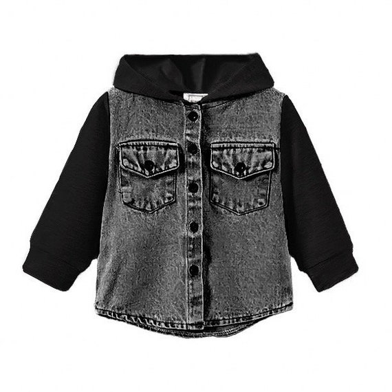 ROMP Hooded Denim Shacket Black Gender Neutral Unisex Baby Boy Girl Toddler Kids Clothes Cotton Denim Distressed Long Sleeve Jacket