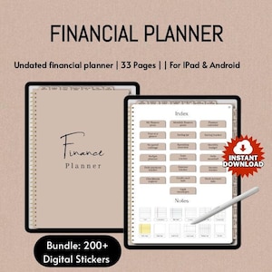 May include: A digital financial planner with a beige cover and gold spiral binding. The planner has a tabbed index with categories like "My Finance Goals", "Monthly Finance Calendar", and "Savings Tracker". The cover features the text "Finance Planner" and the words "Bundle: 200+ Digital Stickers".