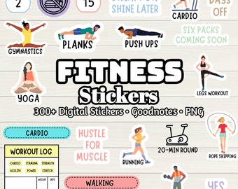 Fitness Digital Stickers: Workout Planner, Goodnotes PNG (300+)