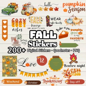Fall Autumn Planner Digital Stickers - 200+ Stickers, Goodnotes file, Pre-Cropped Individuals, PNGs Digital Stickers, iPad Stickers