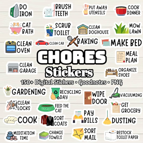 Chores Digital Stickers - 150+ Stickers, Goodnotes file, Pre-Cropped Individuals, PNGs Digital Stickers, Pre-cropped iPad Stickers