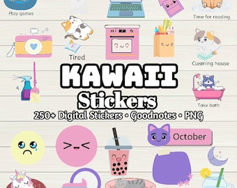 Kawaii Digital Stickers: 250+ Pre-Cropped Planner Stickers (Goodnotes, PNGs)