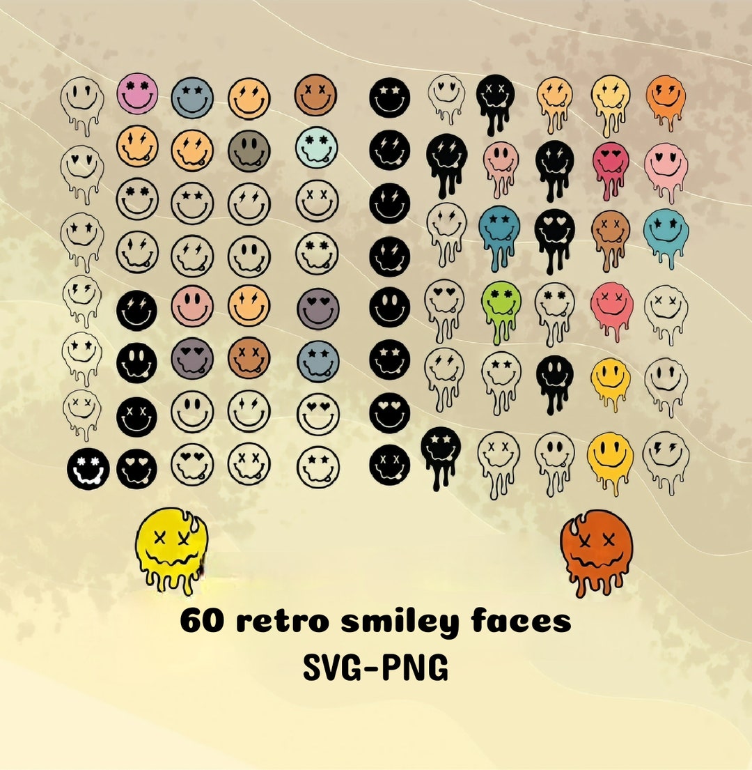 60 Retro Smiley Face Stickers: Digital Planner PNG SVG (pre-cropped) - Etsy