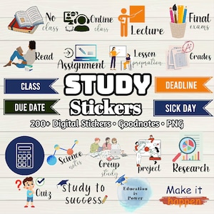 Study Digital Stickers - 200+ Stickers, Goodnotes file, Pre-Cropped Individuals, PNGs Digital Stickers, Pre-cropped iPad Stickers