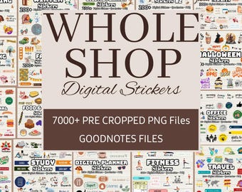 以下が含まれることがあります： Goodnotes 用のデジタルプランナー用ステッカーのコラージュ。ステッカーは、クリスマス、ハロウィーン、食べ物、勉強、フィットネス、旅行など、テーマ別に整理されています。画像の中央には、「WHOLE SHOP Digital Stickers」というテキストが大きく太字で表示されています。タイトルの下には、「7000+ PRE CROPPED PNG Files」というテキストが表示されています。