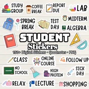 Pegatinas digitales para estudiantes: más de 150 pegatinas, archivo Goodnotes, individuos precortados, pegatinas digitales PNG, pegatinas para iPad precortadas