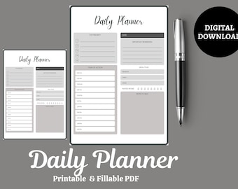 Peut inclure: Un planificateur quotidien imprimable avec des sections pour les tâches prioritaires, des rappels importants, un plan d'action, un plan de repas, l'apport en eau et des notes pour soi. Le planificateur est en noir et blanc avec un fond gris.