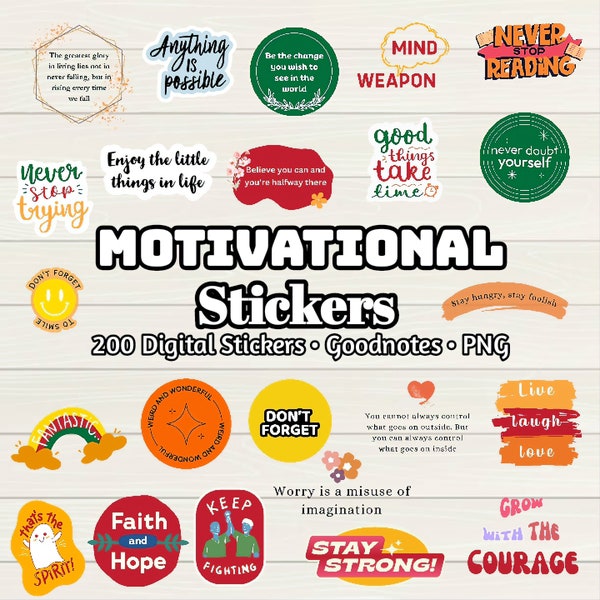 Motivational Digital Stickers - 200 Stickers, Goodnotes file, Pre-Cropped Individuals, PNGs Digital Stickers, Pre-cropped iPad Stickers