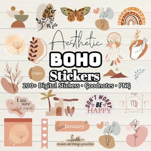Aesthetic Boho Digital Planner Digital Stickers - 200+ Stickers, Goodnotes file, Pre-Cropped Individuals, PNGs Stickers, Pre-cropped IPad