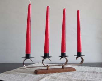Metal Advent Candle Holder for 4 candles, Christmas Holiday Decoration, Candlestick w  Wooden Base, Scandinavian Home Decor #810-10
