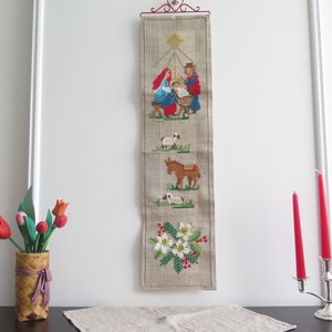 Embroidered Wall Hanging Decor Swedish Vintage Scandinavian Wall Decor Jesus Maria Handmade Retro Christmas #8-08-35