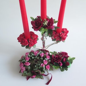 Floral Candle Rings Set of 5 Plastic Candle Decoration Red Pink Floral Selected Candle Wreaths #8-12-18