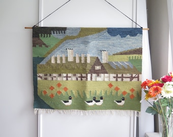 Woven Wall Decor Green Brown Farmhouse, Ducks, Orange Flowers Wall Hanging, Hand woven Tapestry #8-09-36