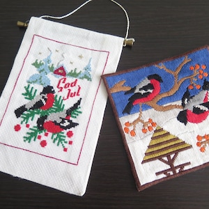 Embroidered Wall Hangings Set of 2, Winter Birds Christmas Scandinavian, Handmade Vintage Swedish Wall Decor #8-06-21