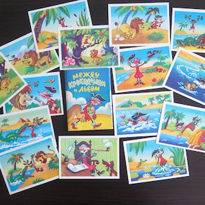 Barão Munchausen Aventuras na África Conjunto de 15 cartas ilustradas de contos de fadas, cartas colecionáveis de desenhos animados vintage da URSS de 1987 #807-19