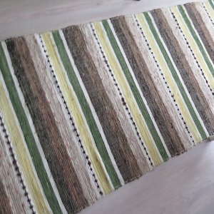 Long Floor Runner, Brown Green Yellow Woven Striped Rug Rag, 177 x 76 cm / 69.6 x 29.9 in, Vintage Swedish Scandinavian #8-02-19