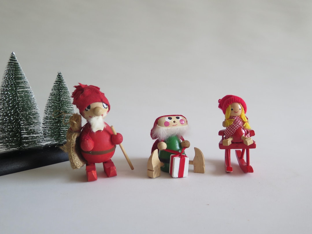 Wooden Gnomes, Set of 3 Red Gnome Figurines, Collectible Wood Figurine ...
