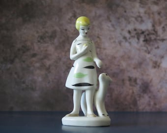 Girl with Lamb Porcelain Figurine '60s Vintage ZHK Polonne Porcelain Hand painted USSR Statue Collectible, Sculptor N.Bobik #812-25
