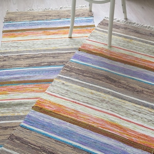 Long Floor Runner Multicolored Blue Purple Brown Orange Yellow Striped Rug Rag, 344 x 75 cm / 135.4 x 29.5 in, Vintage Scandinavian #8-09-28