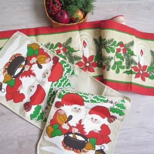 Christmas Table Runners Set of 2, Printed Table Cloth Gnomes Poinsettias Swedish Scandinavian Vintage Table Decor, Retro Textiles #C-4-49