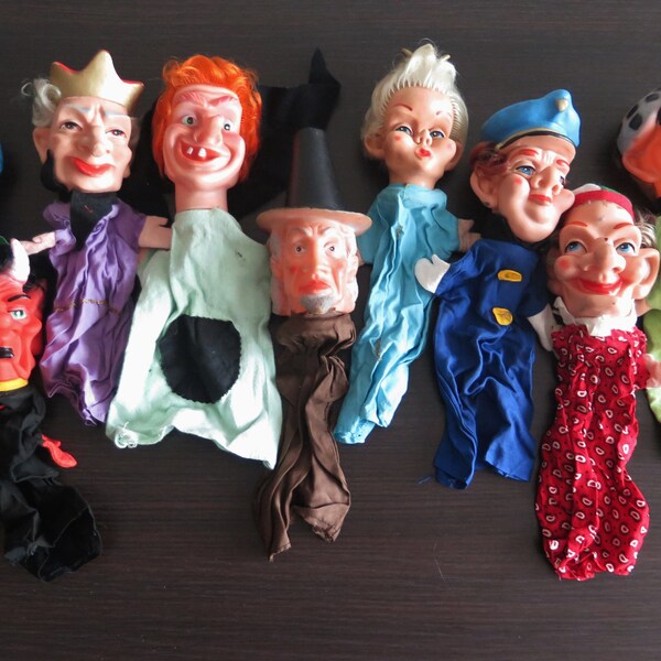 Handpuppen 9er Set, Prinzessin König Teufel Banditen Oma Zauberer Joker Puppentheater Puppen Retro Puppe mit Gummikopf, Märchen #810-26