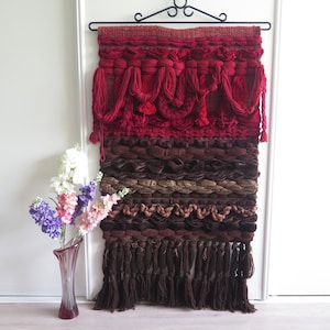 Woven Wall Decor Red Brown Boho Wall Hanging with Fringe, Hand woven #8-02-25