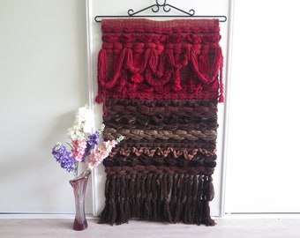 Woven Wall Decor Red Brown Boho Wall Hanging with Fringe, Hand woven #8-02-25