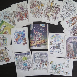 Carte illustrate di R. Volskiy ,,Tovarishchi Deti,, Set di 16 carte con poesie di Mikhalkov, Carte per bambini da collezione vintage URSS del 1986 #807-20