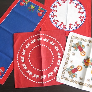 Table Toppers Set of 4, Gnomes Pigs Candles Christmas Scandinavian Vintage Swedish Christmas, Small Red Blue Table Cloths #8-06-9