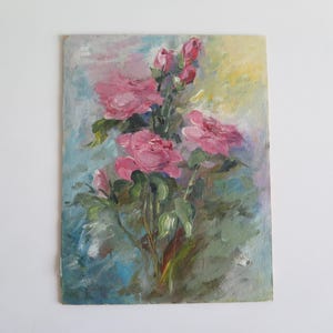 Pintura al óleo Flores de rosas rosadas, ramo floral, pintura vintage Arte original firmado por el artista K. Sharman #811-49