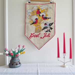 Embroidered Wall Hanging Birds Crop Scandinavian, Handmade Vintage Swedish Christmas Wall Decor #C-7-15