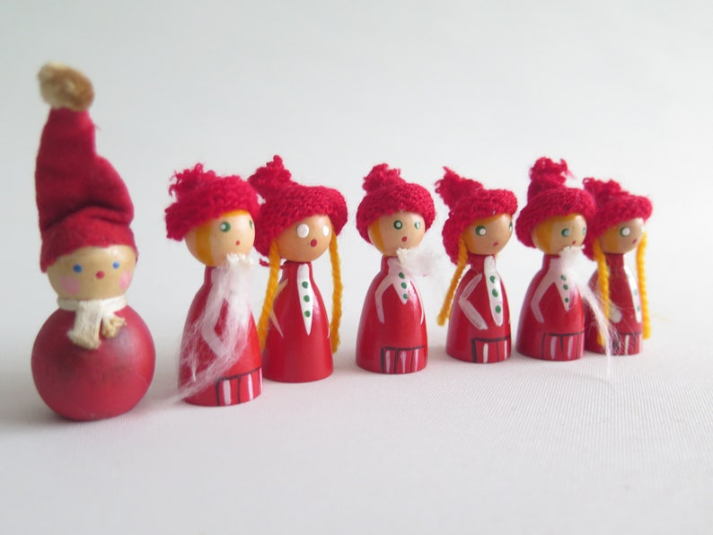Wooden Gnomes, Set of 9 Gnome Figurines With Red Hats, Collectible Wood ...