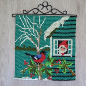 Embroidered Wall Hanging Swedish Vintage Scandinavian Wall Decor Gnome Bird Handmade Retro Christmas #8-03-18