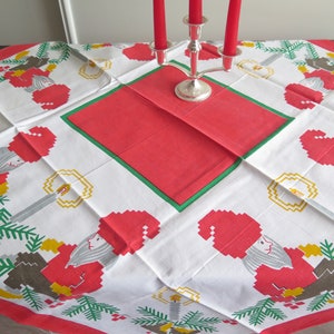 Table Cloth Winter Scene Gnomes Candles Swedish Scandinavian Vintage Christmas Table Decor, Retro Holiday Textiles #8-05-4